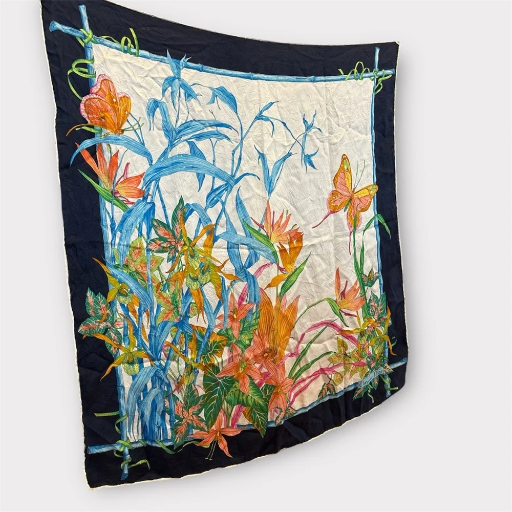 CHRISTIAN DIOR Vintage 34” 100% Silk “Floral & Butterfly” Botanical Square Scarf